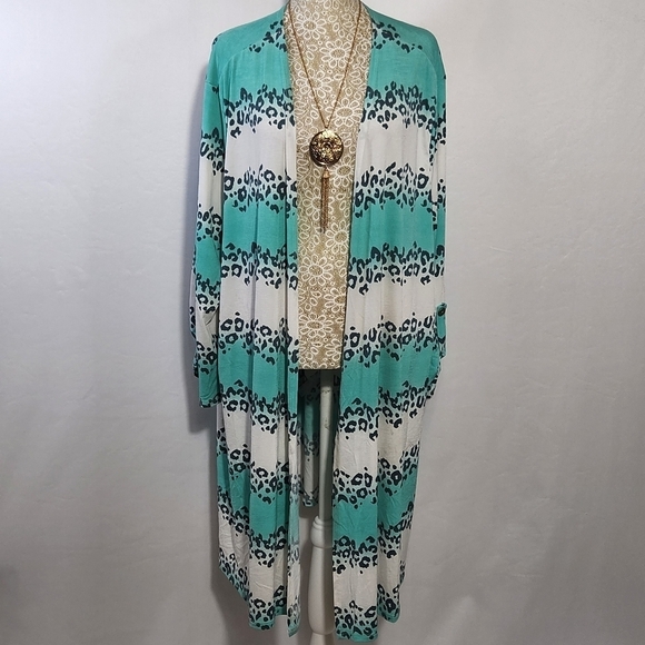 Honeyme Curvy Cardigan Mint Leopard Print Open Front Crepe Pockets Roll Tab XXXL - Picture 1 of 14